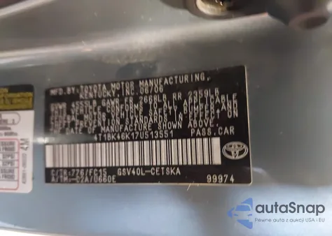 2007 Toyota Camry Se V6 из США, поврежденный, VIN 4T1BK46K17U513551